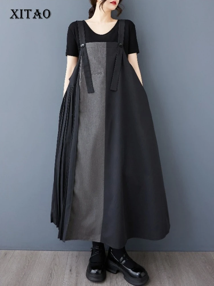 

XITAO Pleated Patchwork Button Dress Sleeveless A-line Hong Kong All Match New Arrival Elegant Spring Women Dress ZMY1174