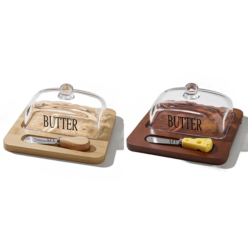 

Elegant Nordic Style Butter Dish With Lid, Wooden Tray & Glass Cover - Stylish Kitchen Accessory With Butter Cutter-AT64