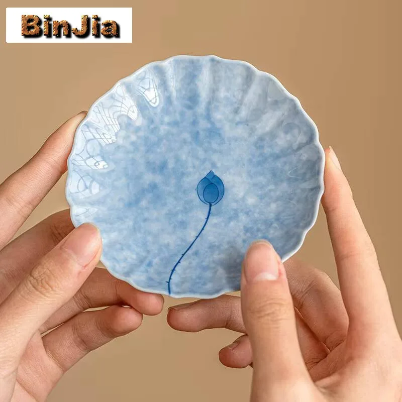 2 قطعة/مجموعة الوقايات اللوتس الزرقاء المرسومة يدويًا لأكواب القهوة المنزلية العزل الحراري المفارش شاي بالأعشاب المزهرة اكسسوارات هدية