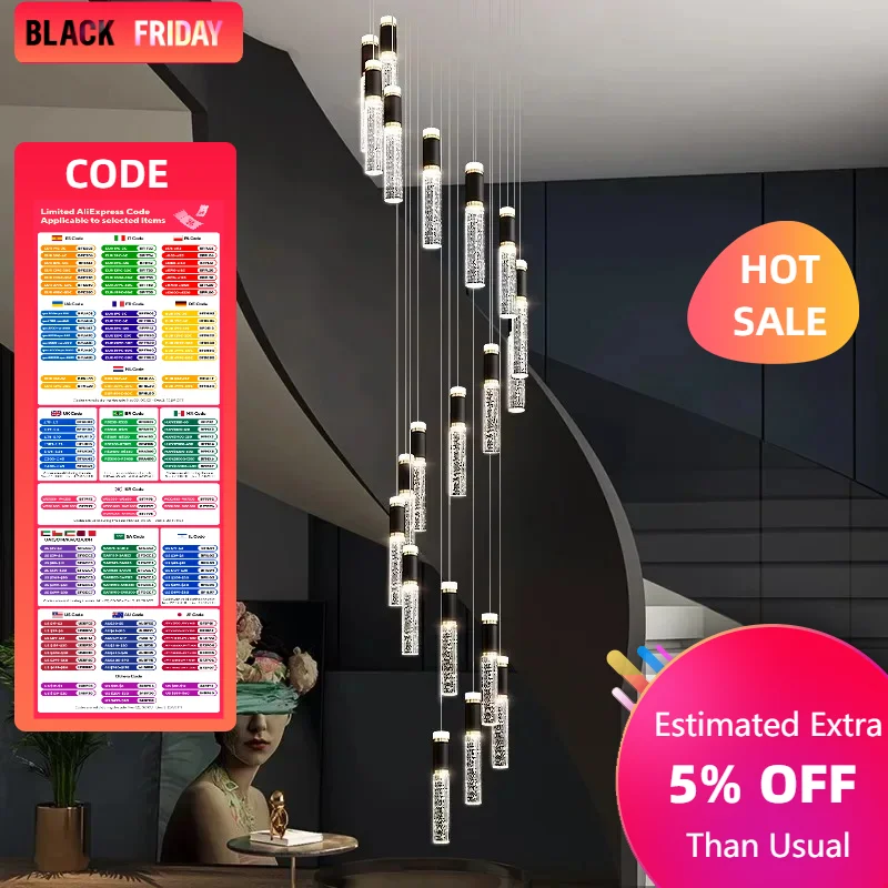 Multi-column Black Gold Light Luxury Duplex Large Chandelier Crystal Rotating Loft Villa Rotating High Staircase Long Chandelier