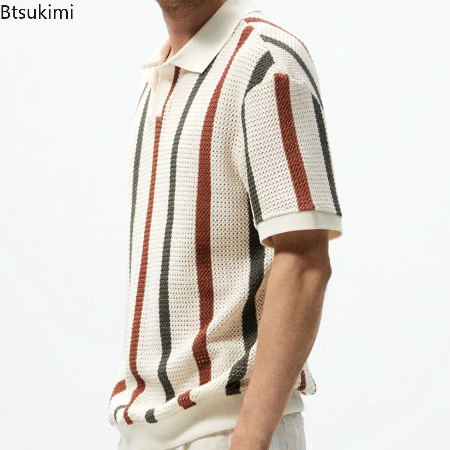 2024 Summer Men\'s Fashion Hollow Out Knitted Polo Shirts Striped Contrast Color Design Business Casual Knitwear Pullover for Men