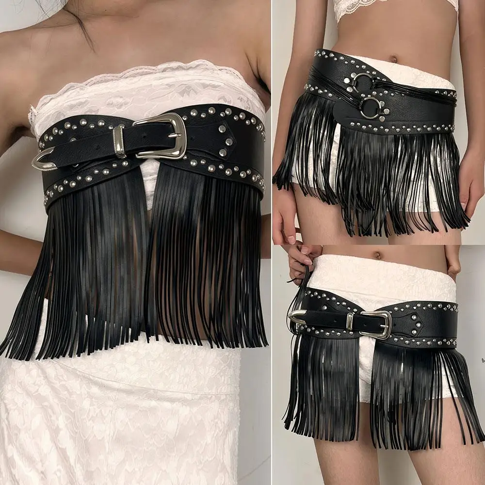 

Tassel Patchwork Waist Seal Long Fringe Waistband Black Rivet Belt Adjustable Buckle Retro Western PU Leather Wide Waist Belt