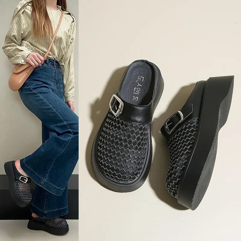 

Women's Spring Summer Mesh Head Cover Slippers Slip-On Thick Bottom Net Surface Half Slippers 2025 New Hollow Breathable Heig...