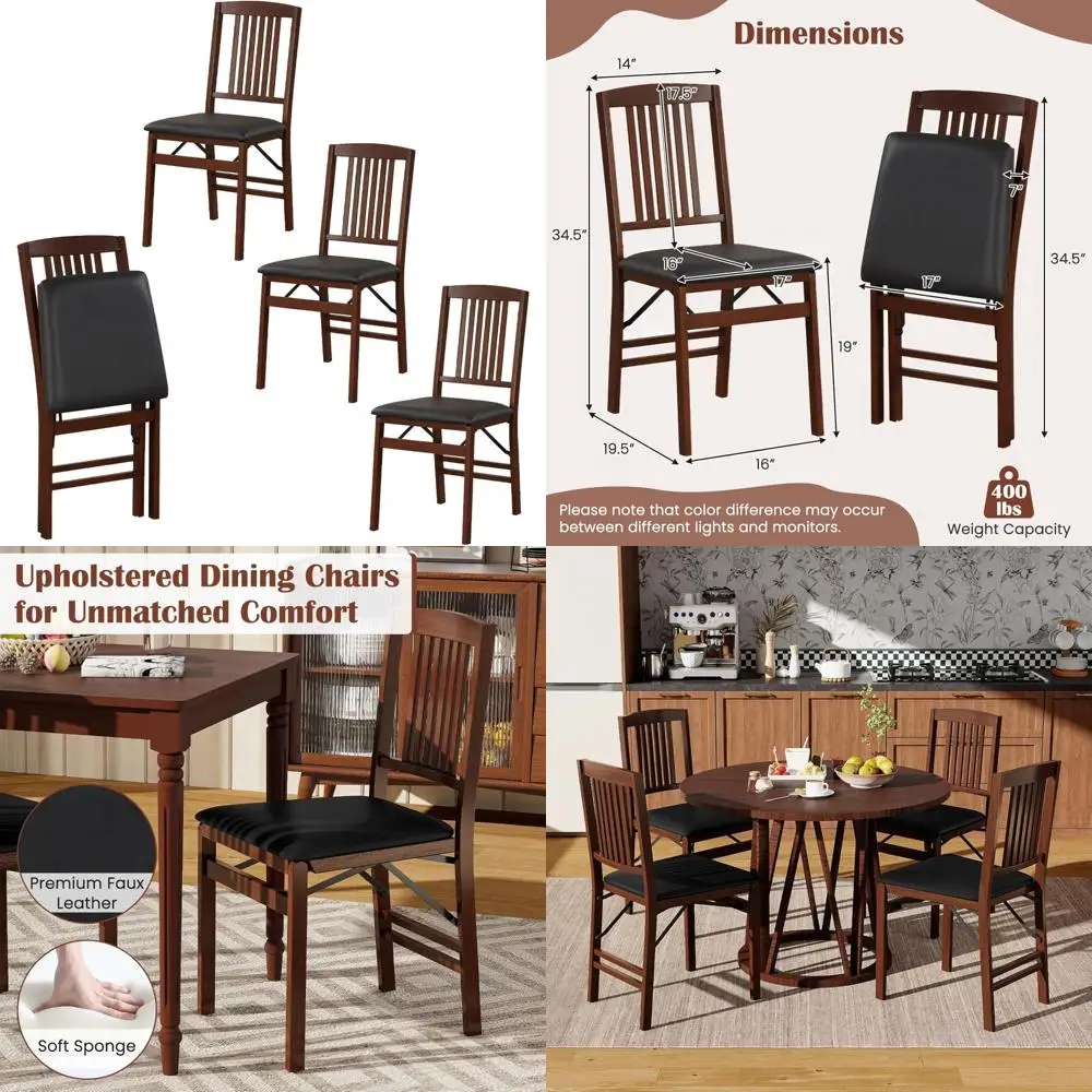Conjunto de 4 cadeiras dobráveis de madeira maciça, assentos acolchoados, carga máxima de 400 libras, cadeiras de jantar de cozinha duráveis