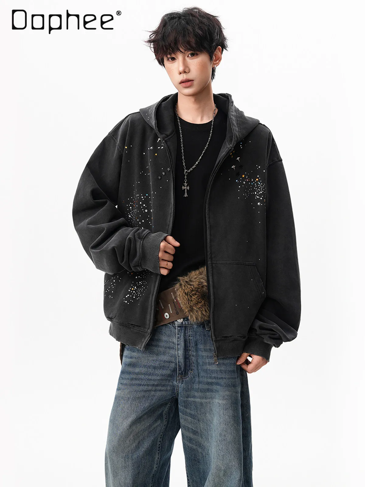 

2026 Spring and Autumn New American High Street Sports Style Men's Hot Diamond Black Loose Casual Daily Short Hoodie