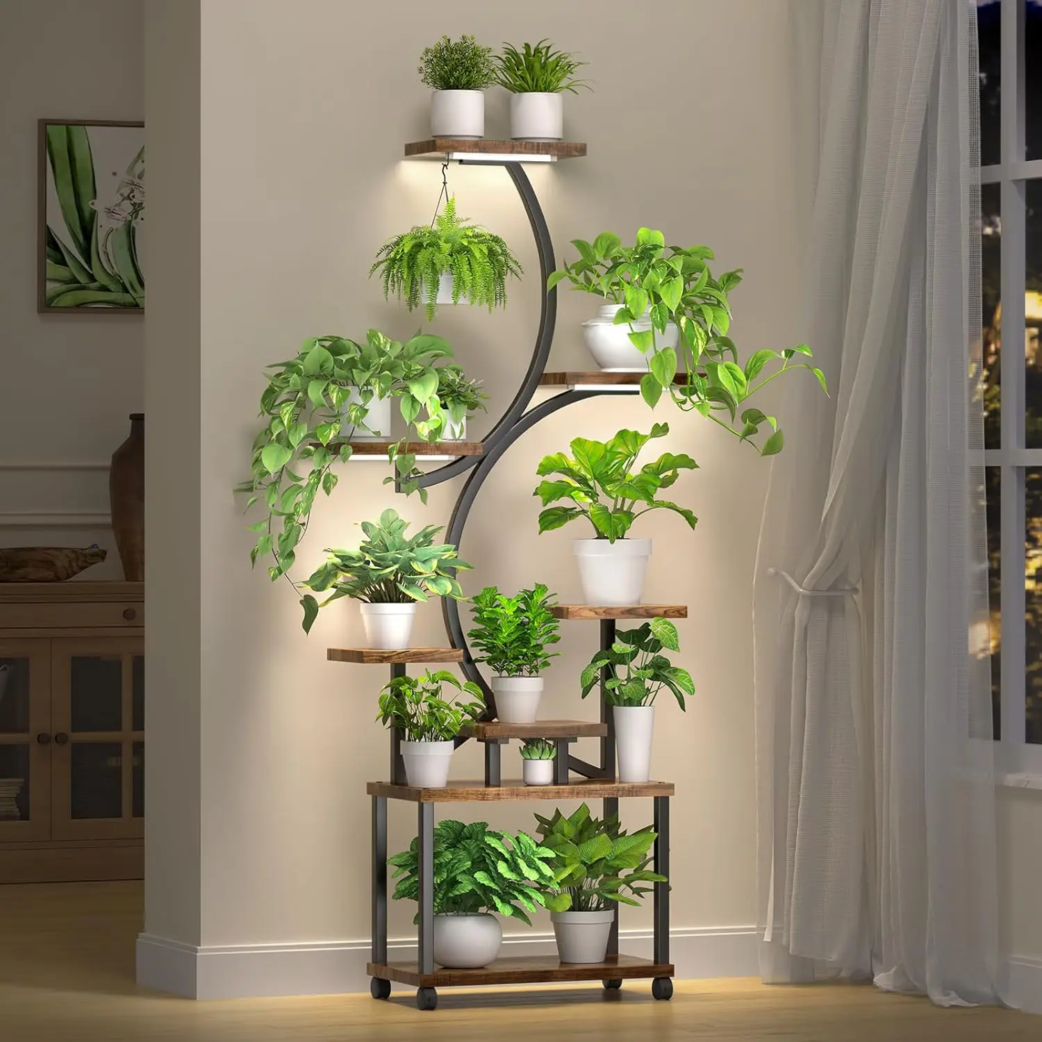 

Plant Stand Indoor with Grow Lights, 8-Tier Tall S-Shaped Metal Plant Shelf, Modern and Elegant Display Rack for Indoor Plants