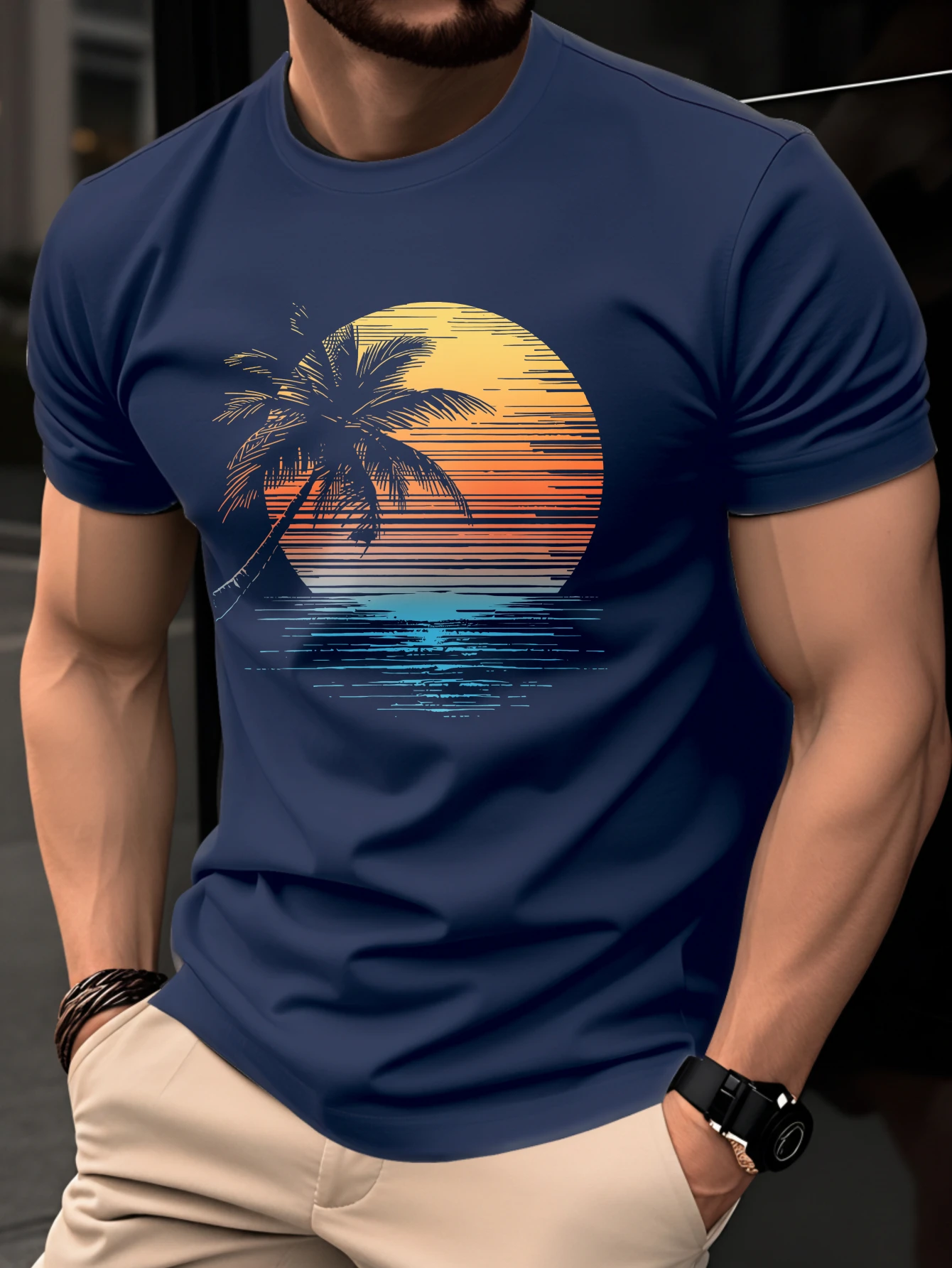 Men's Summer Fashion Casual Sunset Coconut Tree Print Round-Neck Short-Sleeve T-Shirt Hawaiian-Style Vacation Beach T-Shirt