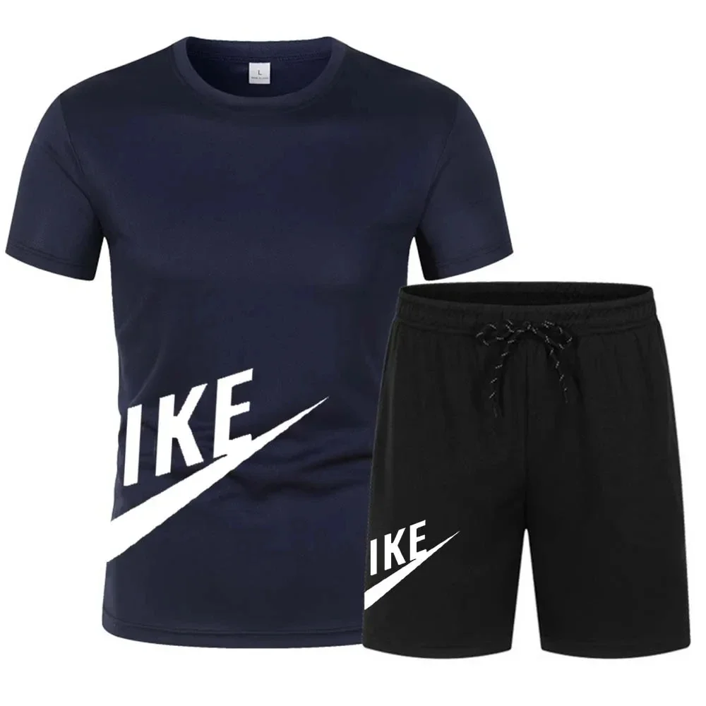 Summer men's printed casual fitness training sportwear set mesh breathable short sleeve T-shirt + jogging shorts 2 sets