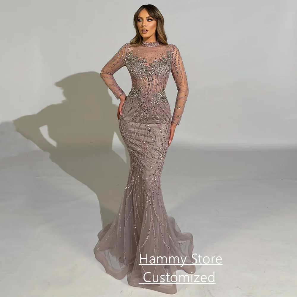 Luxuriöses, mit Perlen verziertes Abendkleid, maßgeschneidert, durchsichtig, mit Perlen und Pailletten, Sweep-Zug, Meerjungfrau-Partykleid, Festzug-Abschlussballkleider