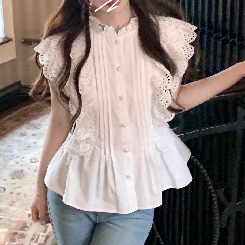 Elegant Solid Color Women Clothes Summer Flying Sleeve White Shirt Sweet Sleeveless Ruffle Lace Blouse Casual Tops Blusas 27709