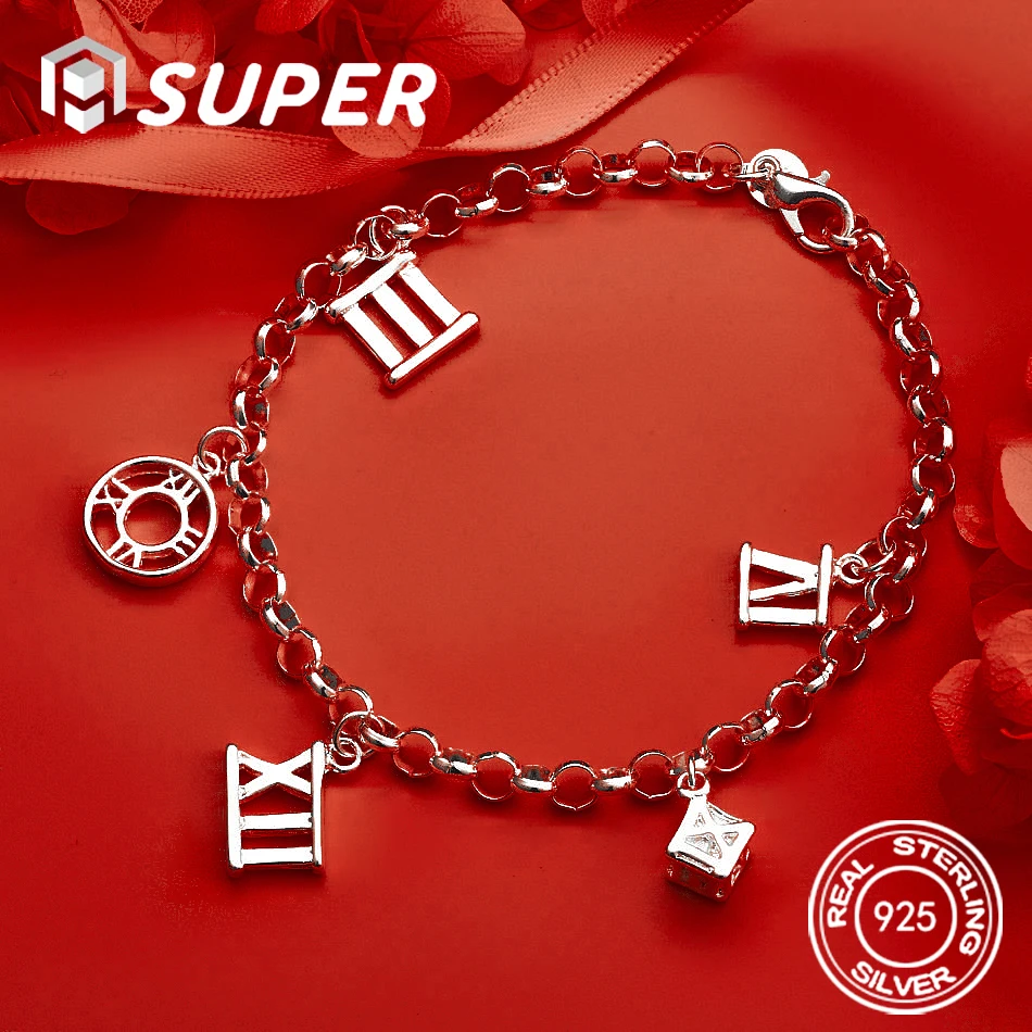 

ALISuper925 Sterling Silver Exquisite Roman Numeral Bracelet Women Men Noble Fashion Wedding Party Charm Jewelry