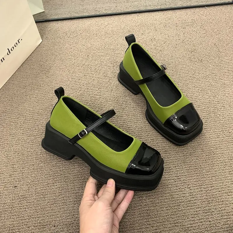 Ladies Summer Footwear Green with Medium Heels Japanese Style Lolita Normal Leather Casual Shoes for Women 2024 Mary Jane Gothic