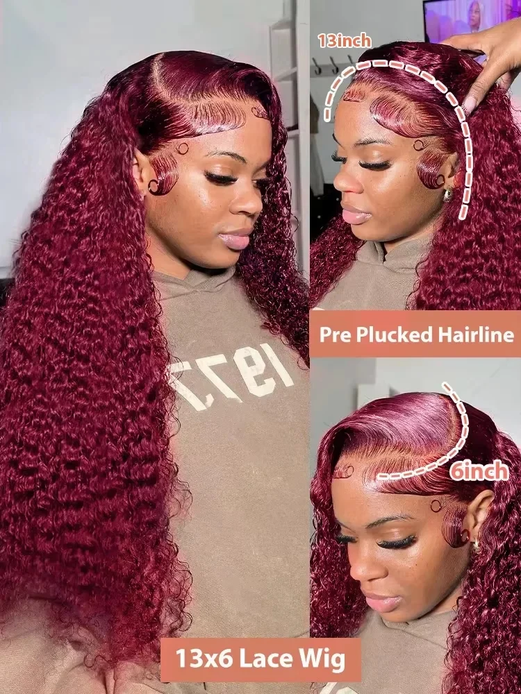 99J Burgundy 30 36 Inch Deep Wave 13x6 HD Lace Front Human Hair Wigs Vietnamese Wine Red Loose Curly 13x4 Lace Frontal Wig Pre Plucked image 7