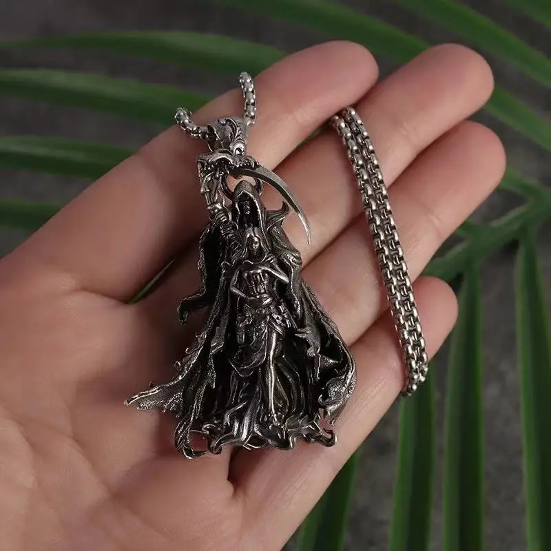 Classic Retro Holy Death Sickle Pendant Stainless Steel Necklace for Men Fashion Personality Punk Pagan Jewelry Accessories Gift