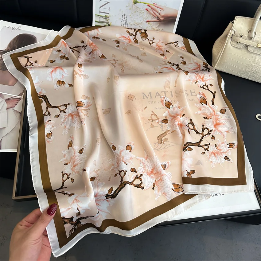 Spring/Summer Fashion Magnolia Flower Neckerchief Outdoor Decoration Wraps for Women 70*70cm Print Imitation Silk Square Scarf