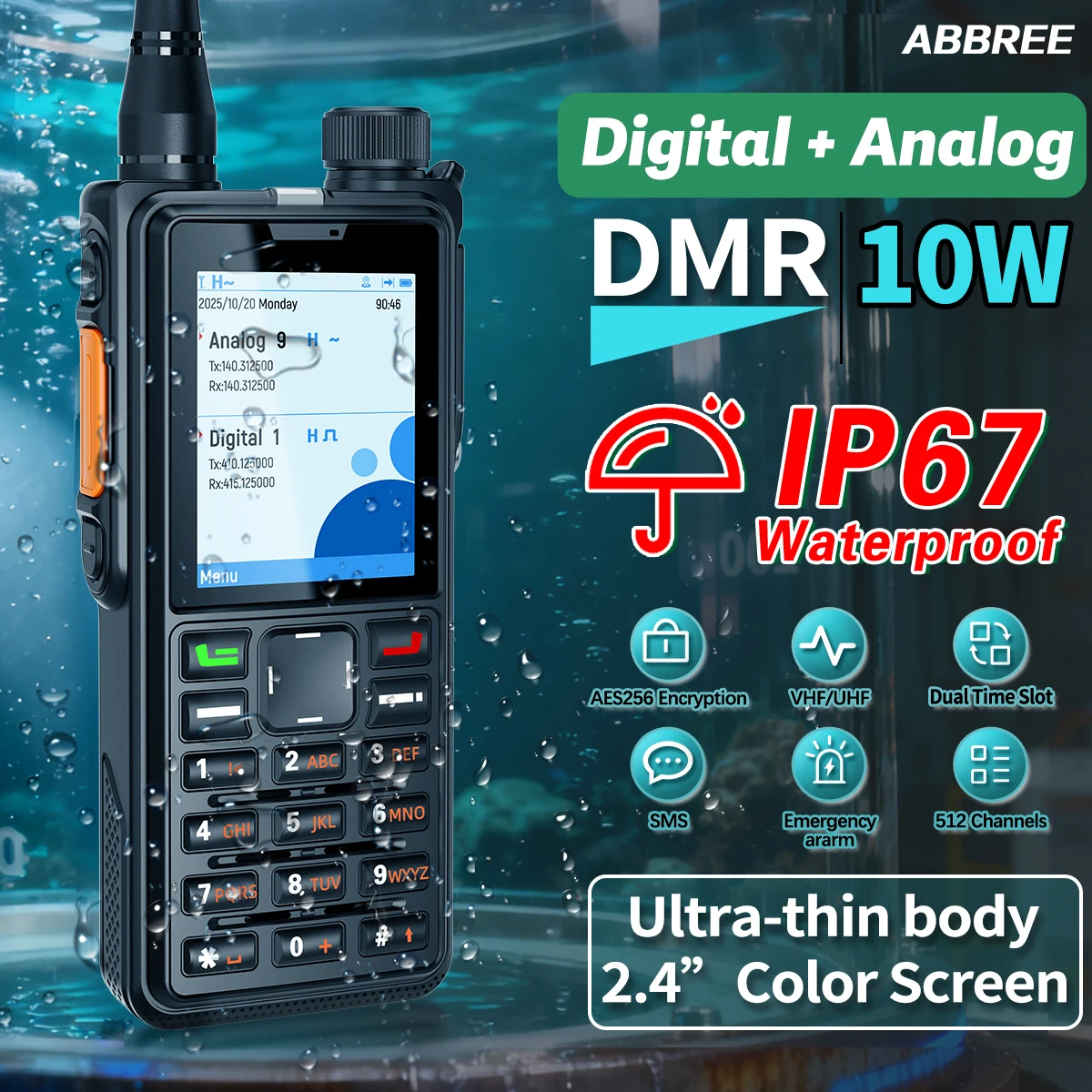 

ABBREE AR-880 Цифровая рация DMR 10 Вт IP67 Водонепроницаемая UHF/VHF двухдиапазонная 2,4-дюймовая большая цветная рация с двойным режимом VOX Ham Radio