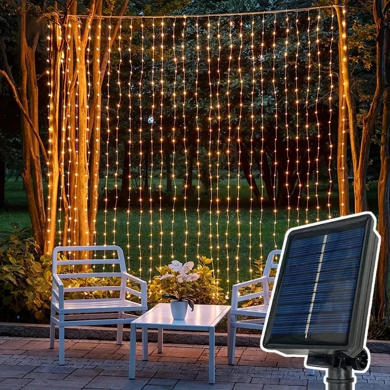 

LED Solar Curtain String Lights 8 Lighting Modes Great for Wedding Party Pergola Garden Decoration Outdoor Christmas Lighting