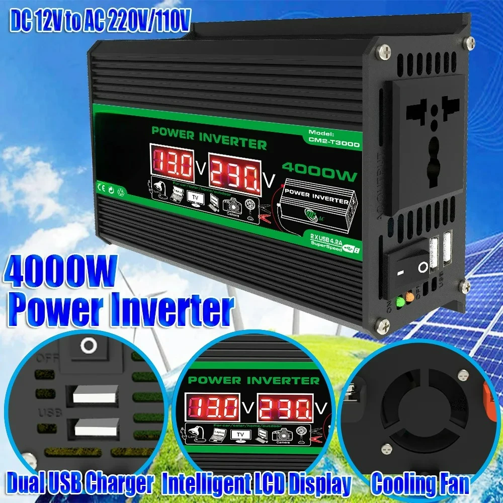 4000W Solar Inverter Portable Power Bank DC 12V to AC 110/220V Dual USB LCD Display Car Converter for Camping RV Universal Plug