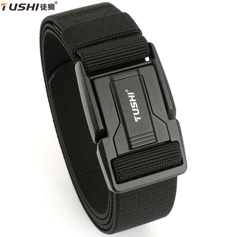 

TUSHI New Magnetic Elastic Belt Hard Metal Buckle Quick Release Tough Stretch Nylon Mens Military Tactical Belt Casual Waistband