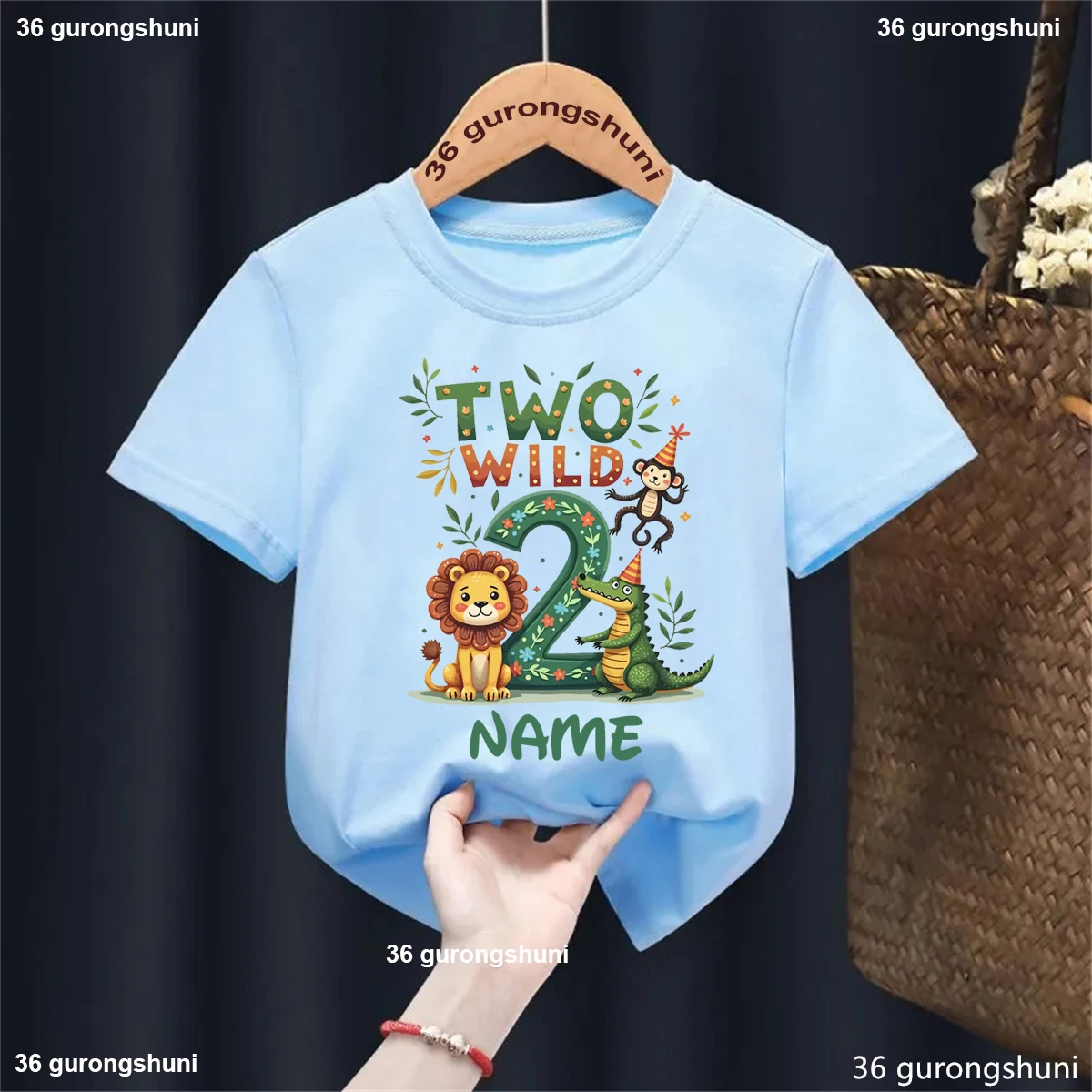 Custom Name Two Wild Lion Monkey Crocodile Printed T Shirt Girls/Boys White/Yellow/Pink/Blue/Grey T-Shirt Funny Kids Clothes