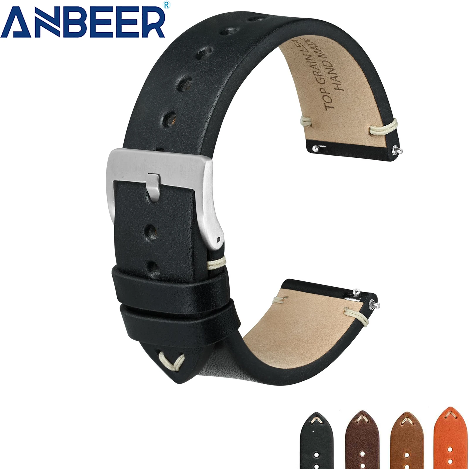 

ANBEER Military Leather Watch Strap,18mm 20mm 22mm Watch Band for Men,Replaceable Watch Strap, Silver Stainless Steel Buckle