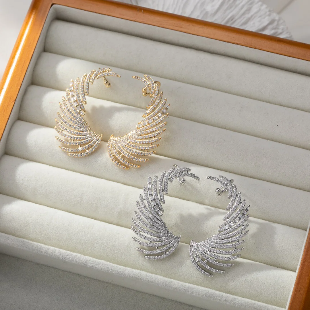Bilincolor Micro Inlaid Zirconia Hollow Line Angel Wing Earrings for Women