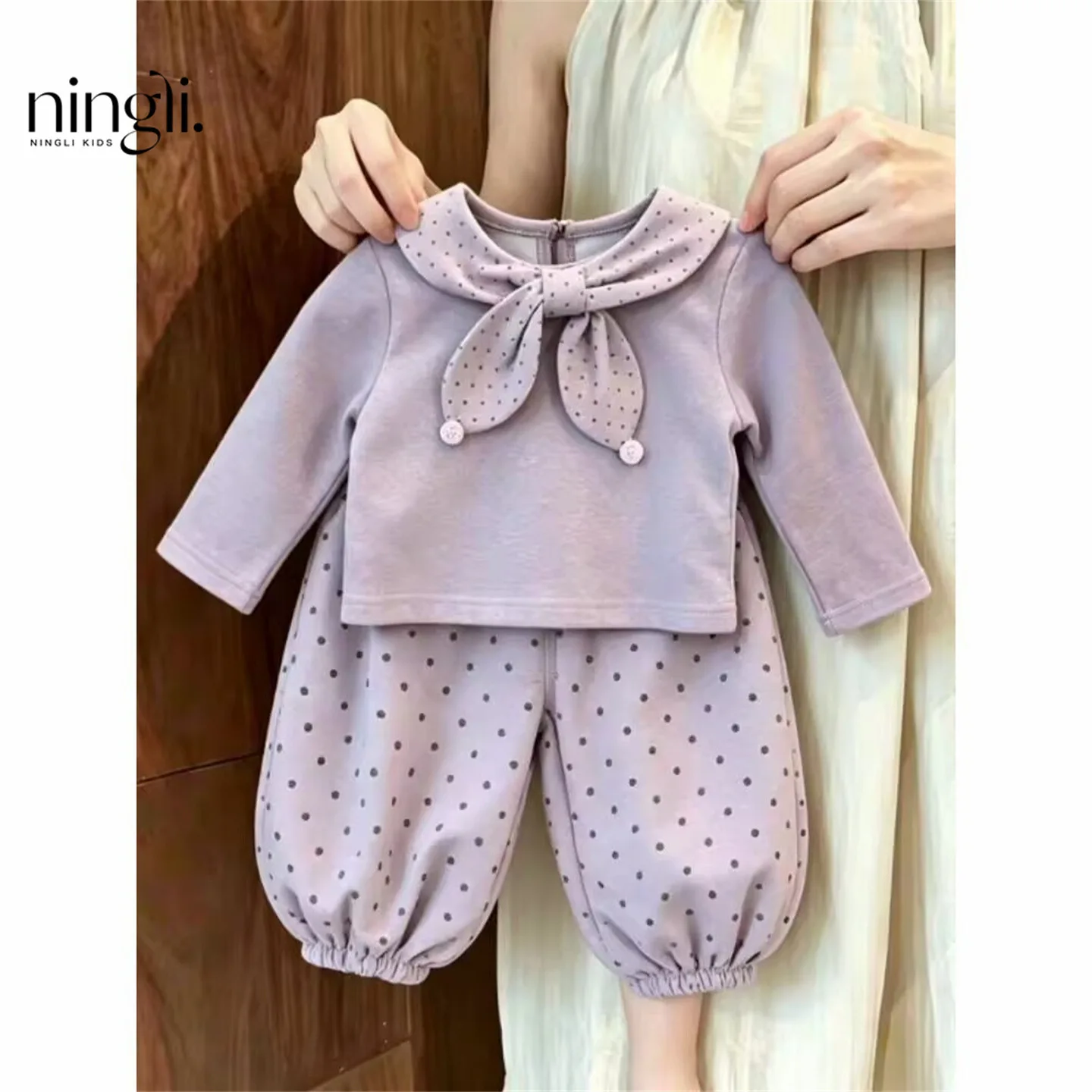 2026 New Fall Girls Korean Sweet 2Pcs Set | Bow Collar Long Sleeve Top + Pants | Chic Toddler Outfit