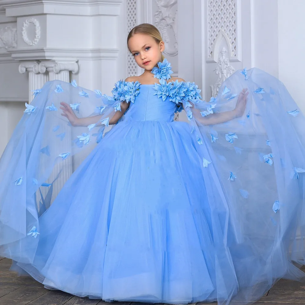 Abiti da ragazza di fiore rosa blu per matrimonio con tulle floreale con spalle scoperte Festa di compleanno per bambini Prima comunione Abito da ballo di Natale