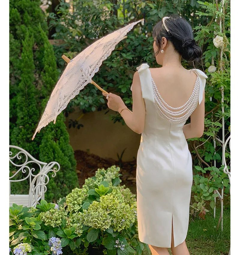 French Socialite Pearl Backless Design Bow White Dress Feminine Autumn Clothes Slim Temperament Knee-Length Dresses Women