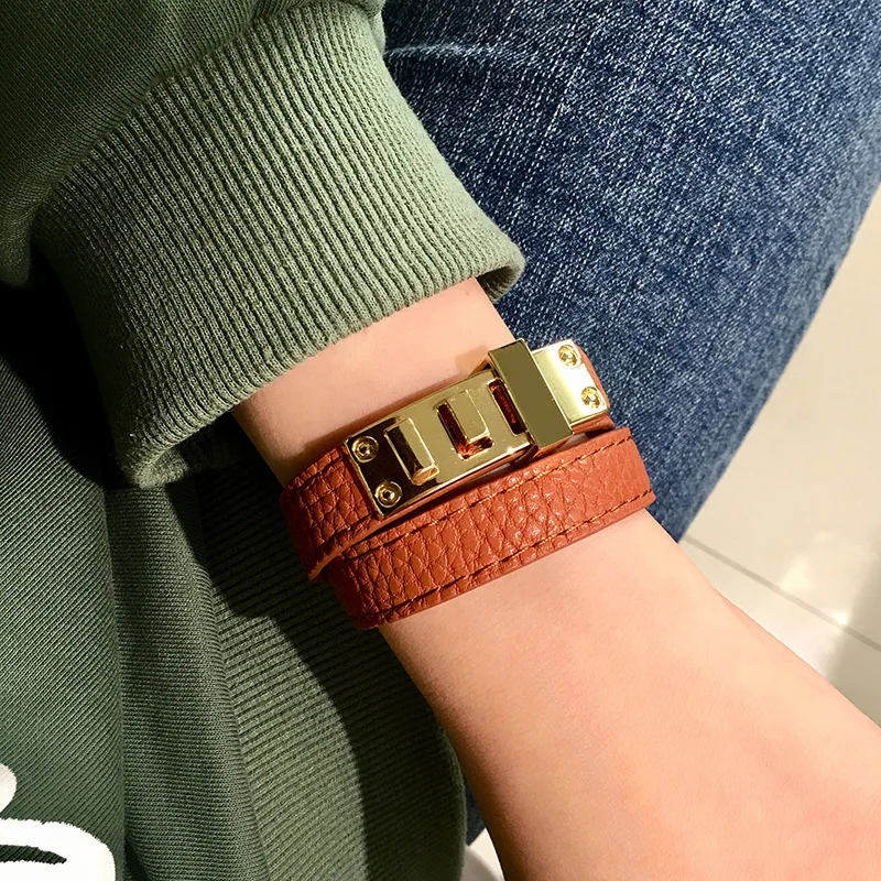 Kirykle High Quality Luxury Leather Bangles for Women Easy Buckle Multicolour Wide Leather Bracelet Daily Commuter Accessories