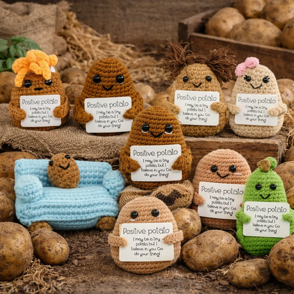 Veggie&Fruit Series Positive Energy Crochet Cute Potato Handmade Knitted Doll with Encouragement Card Mini Desk Decor Gift