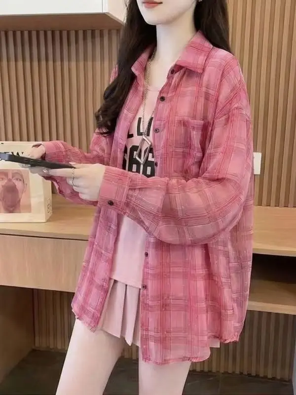 

2026 New Fashionable Chiffon Sunscreen Large Size Women's Bright Sparkle Plaid Popular Shirt Casual Style Loose Fit Long Sleeve
