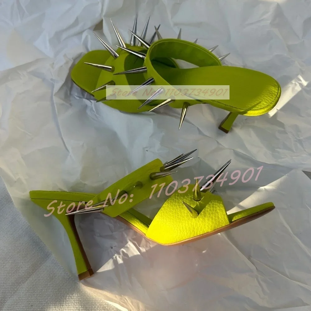 Green Metal Rivets Square Toe Slippers Lady Punk Patent Leather Thin High Heels Mules Female Fashion Nifty Chic Leopard Slippers