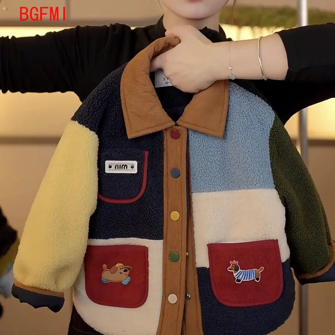 Children's Color Retro Design Sense Colorful Checkered Loose Imitation Lamb Wool Short Coat Stretching Sandwiching Cotton 2-9Y