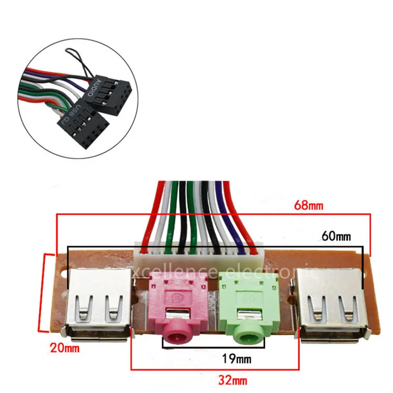 2 USB PC Computer Case 6.8/7.47.8cm Front Panel USB Audio Port Mic Earphone Cable