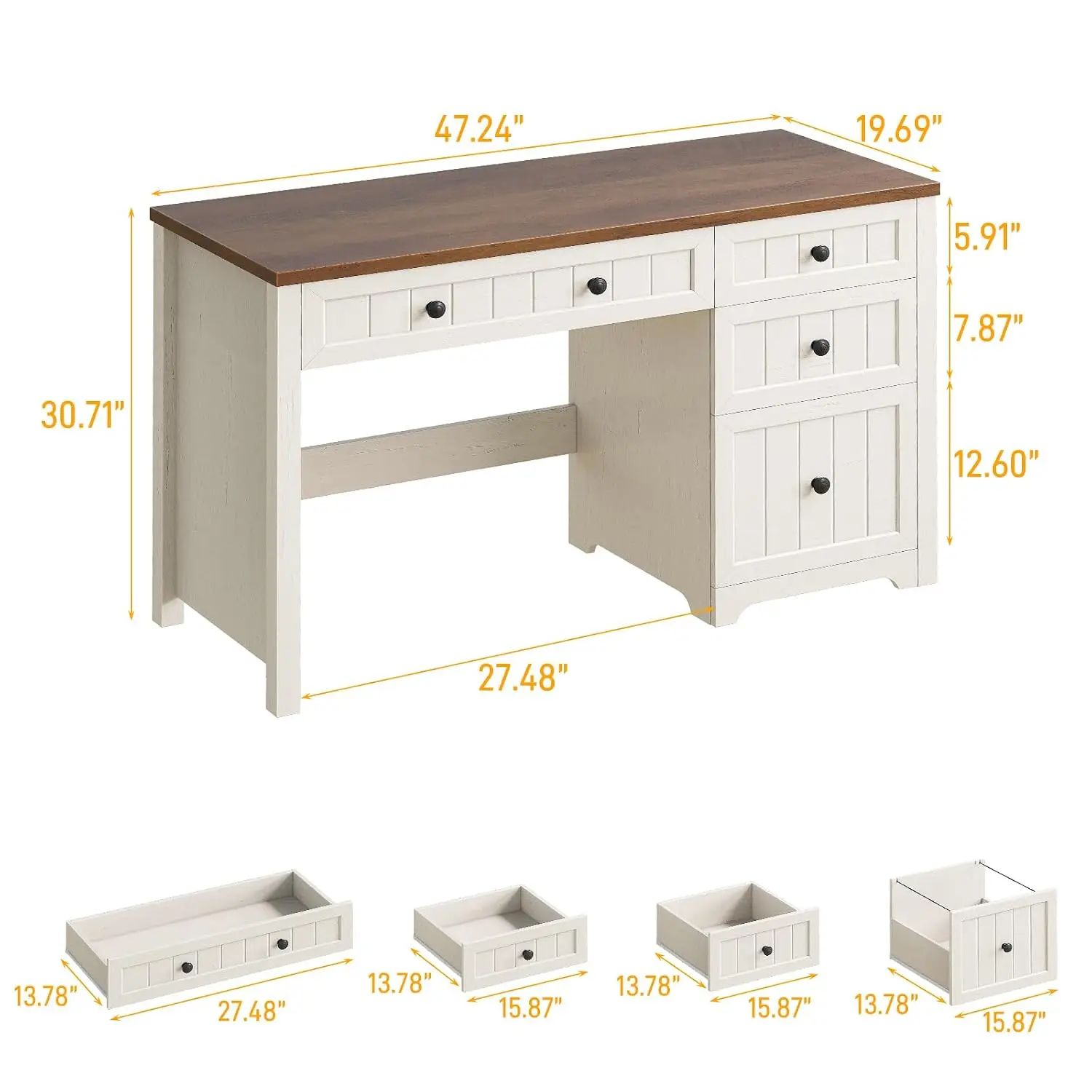 Farmhouse Executive Desk 4 Drawers & File Drawer Wood Computer Desk Storage Rustic Office Work Study Brown White, Customized