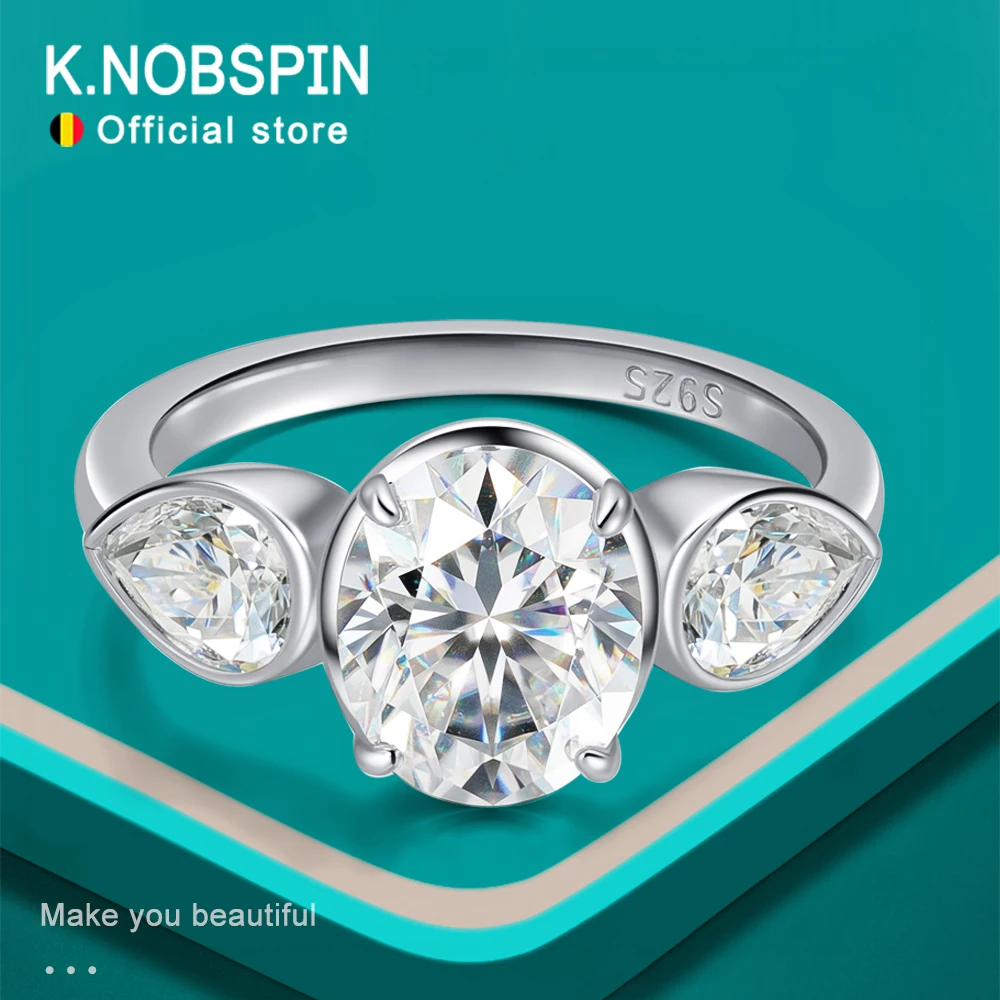 KNOBSPIN 3CT Oval Cut Moissanite Engagement Ring S925 Sterling Silver 3 Stone Wedding Bridal Ring for Women Anniversary Gift
