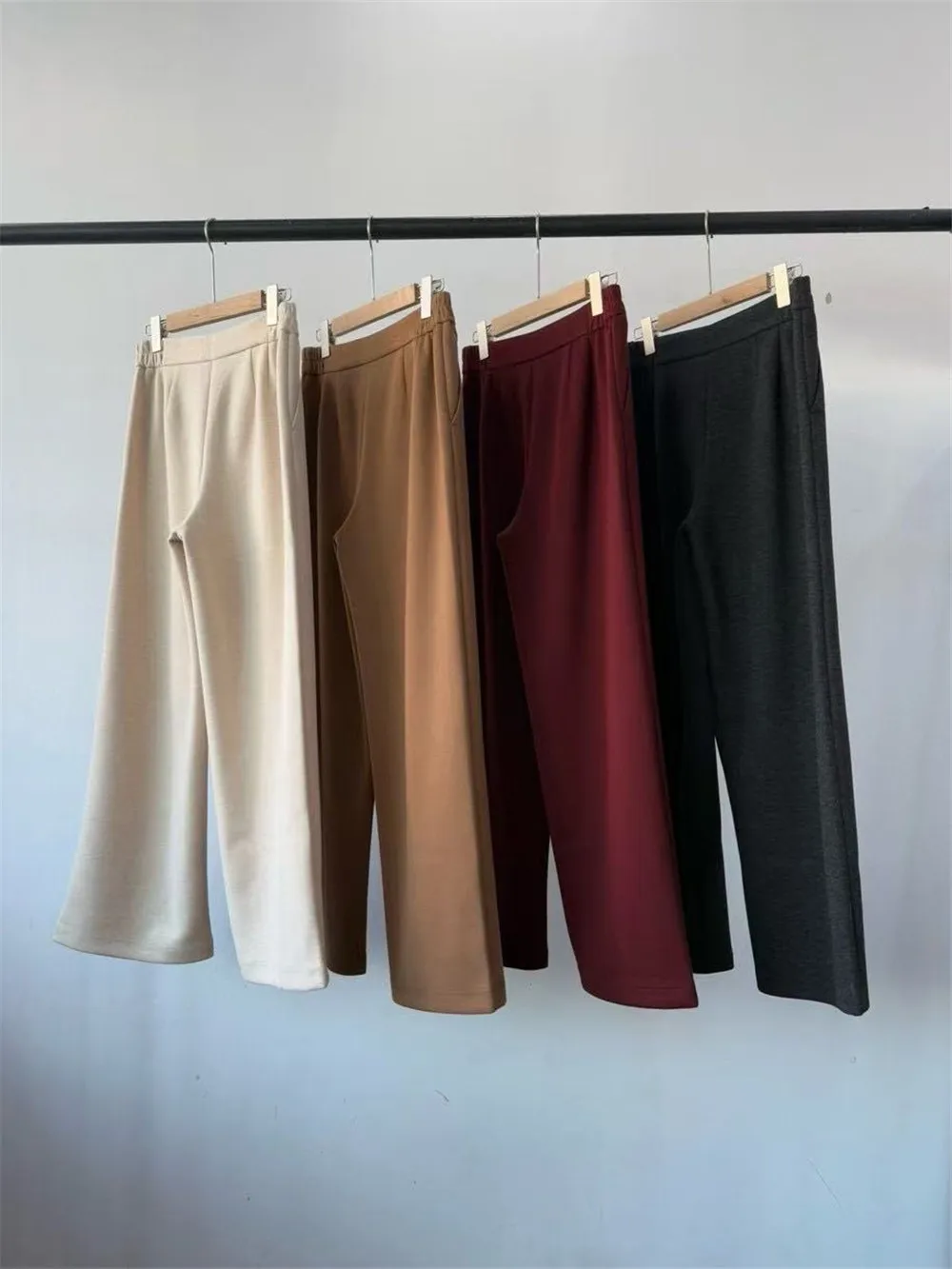 Women's Thick Warm Casual Wide Leg Pants Wool Acetate Blended High Waist Long  Trousers