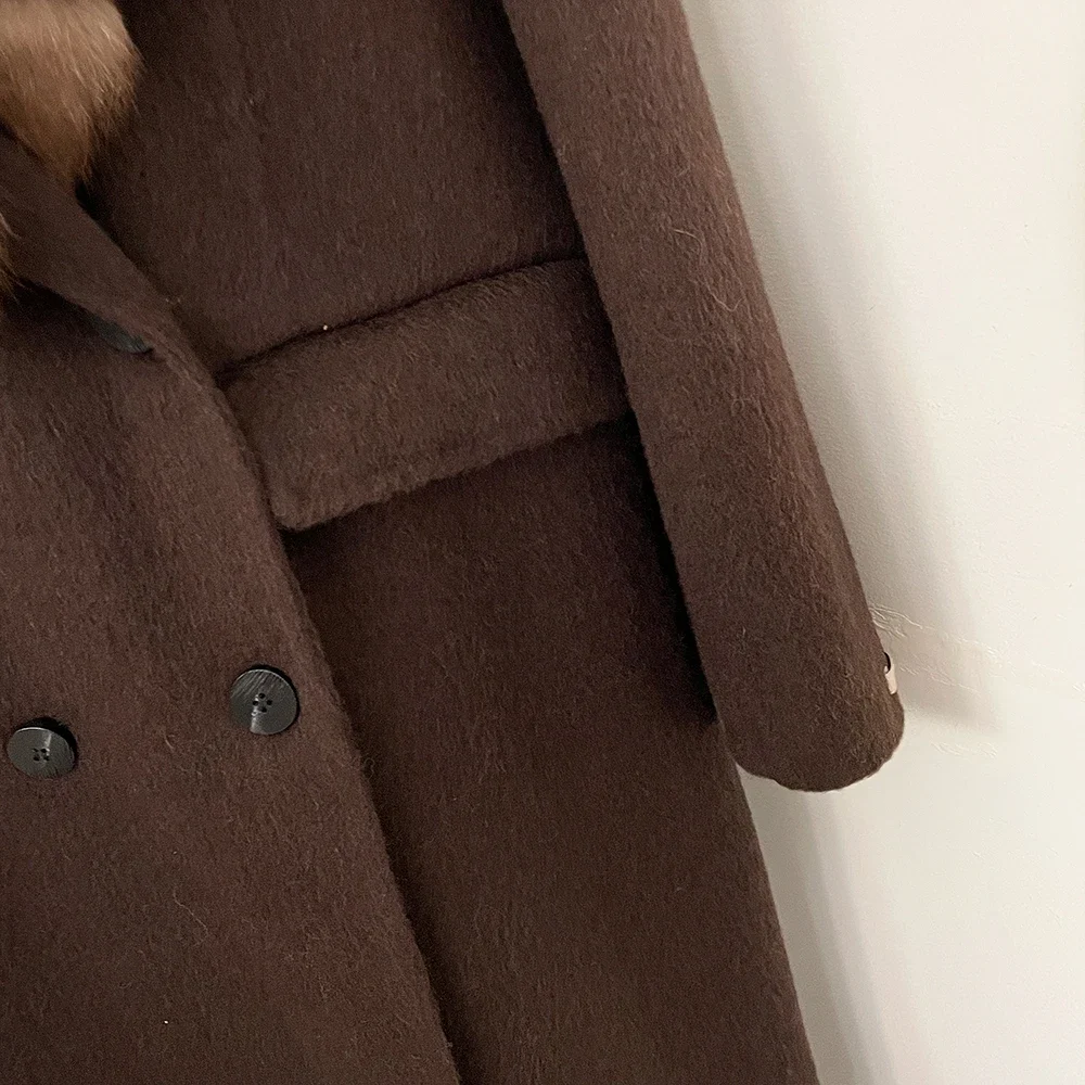 OFTBUY Neue Winterkleidung Damen Langer Doppelreihiger Wollmantel mit Echtem Pelzkragen Modische Lässige Natürliche Fuchspelz-Wolljacke – Detail 6