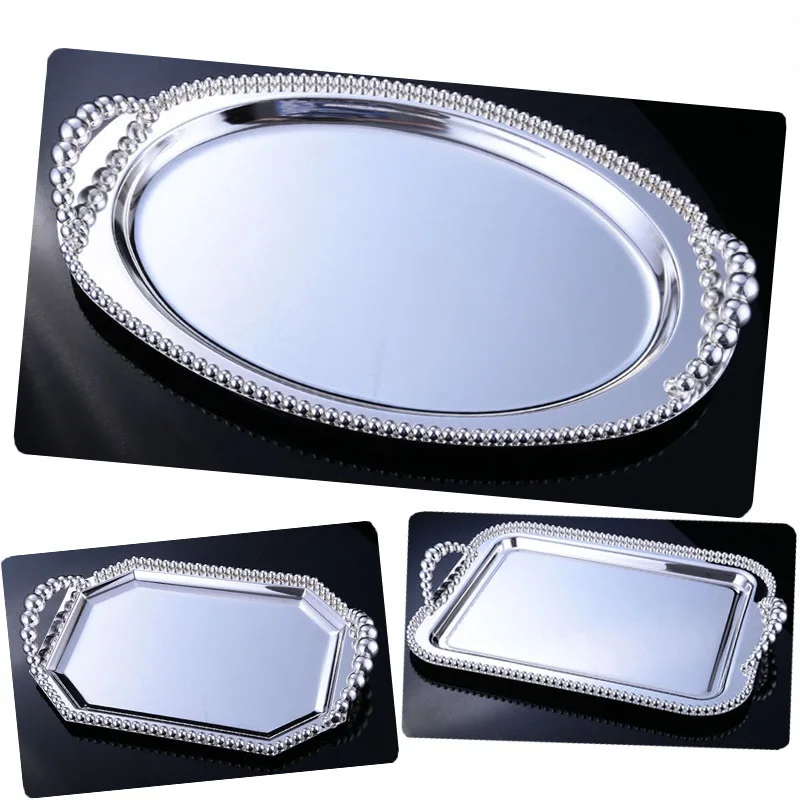 

Bandeja de cocina plateada para fruta, bandeja de hierro de Metal para pastel de decoración de la boda,bandeja de almacenamiento