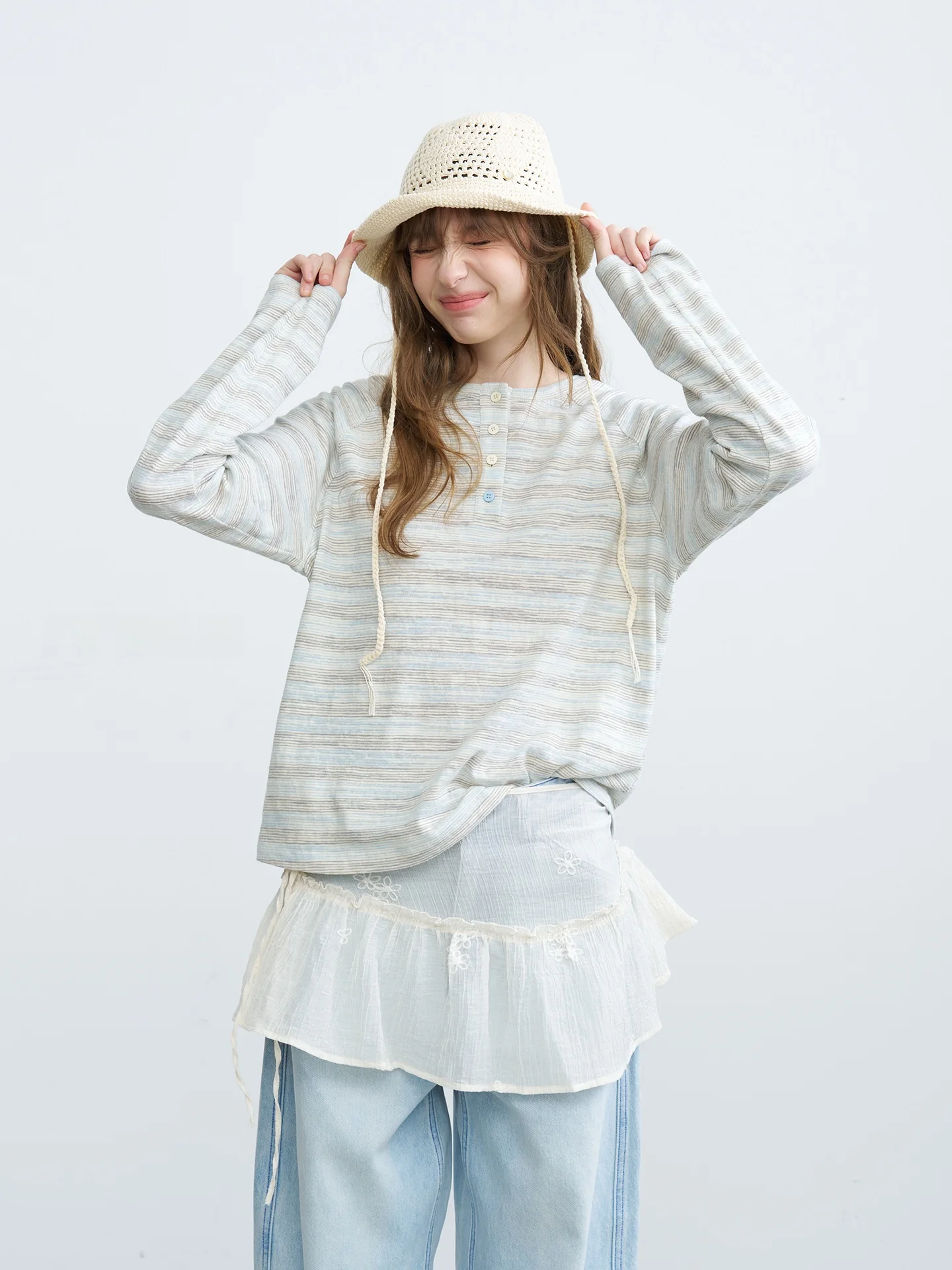 

Riverstone plus Bamboo Cotton Long Sleeve Casual Stripe Loose Fit Henry Collar T-Shirt Women's Color Block Casual Top