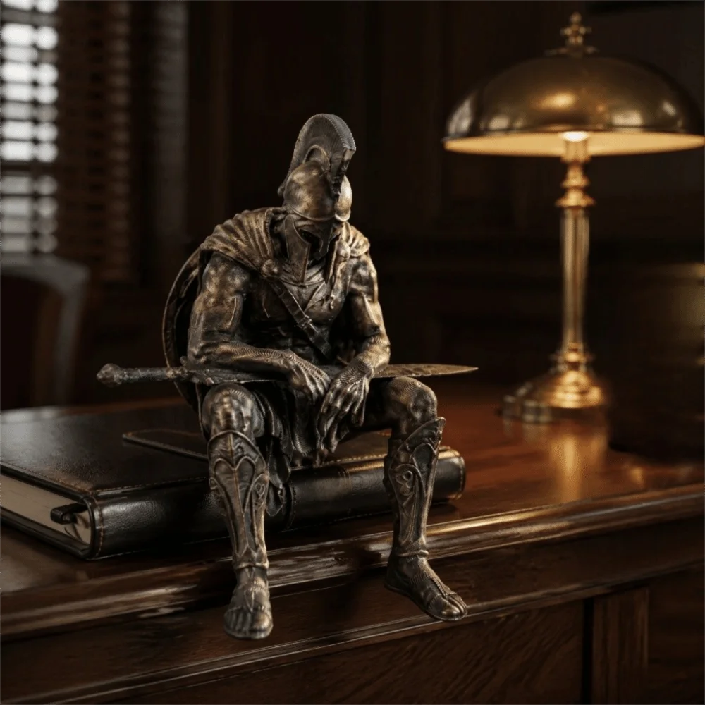 3D Printed Spartan Warrior Statue Vintage Sitting Position Bookshelf Edge Decor Helmet Armor Mini Ancient Greek Sculpture