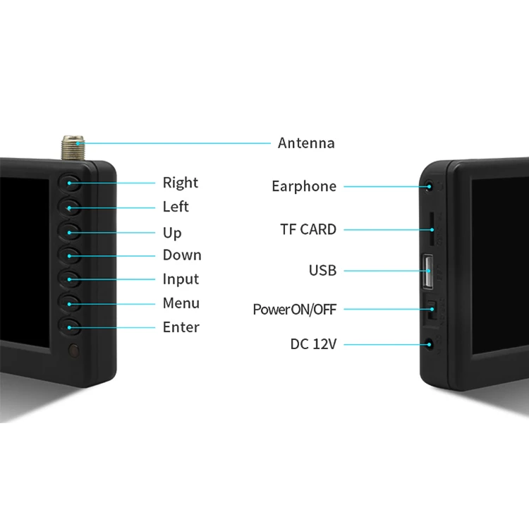 تلفزيون رقمي صغير محمول فائق النحافة مقاس 5 بوصات 800 × 480 مع بطارية 1500 مللي أمبير في الساعة