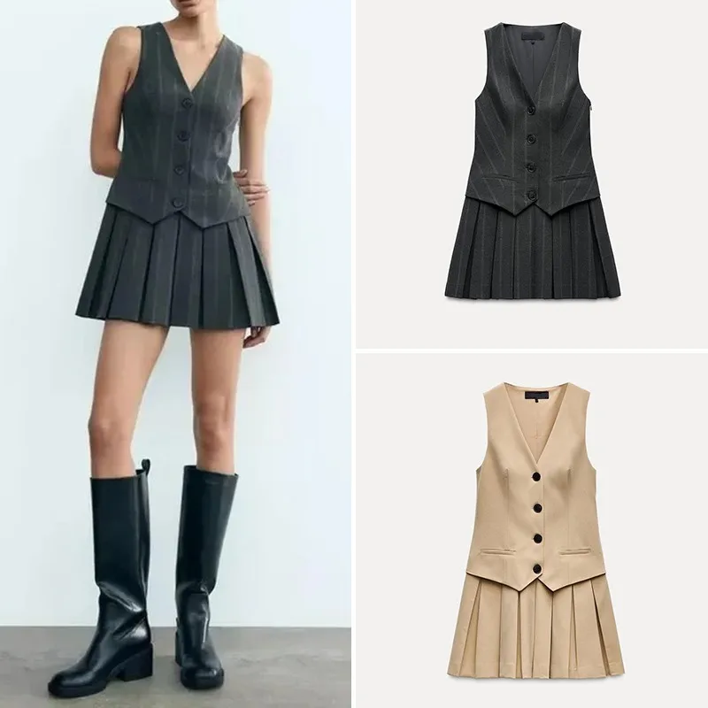 

Spring 2025 Women's ort Svel V-ne Pleated Vest-sle Dr Z Brand Polyester Fiber European Sle Spring Autumn