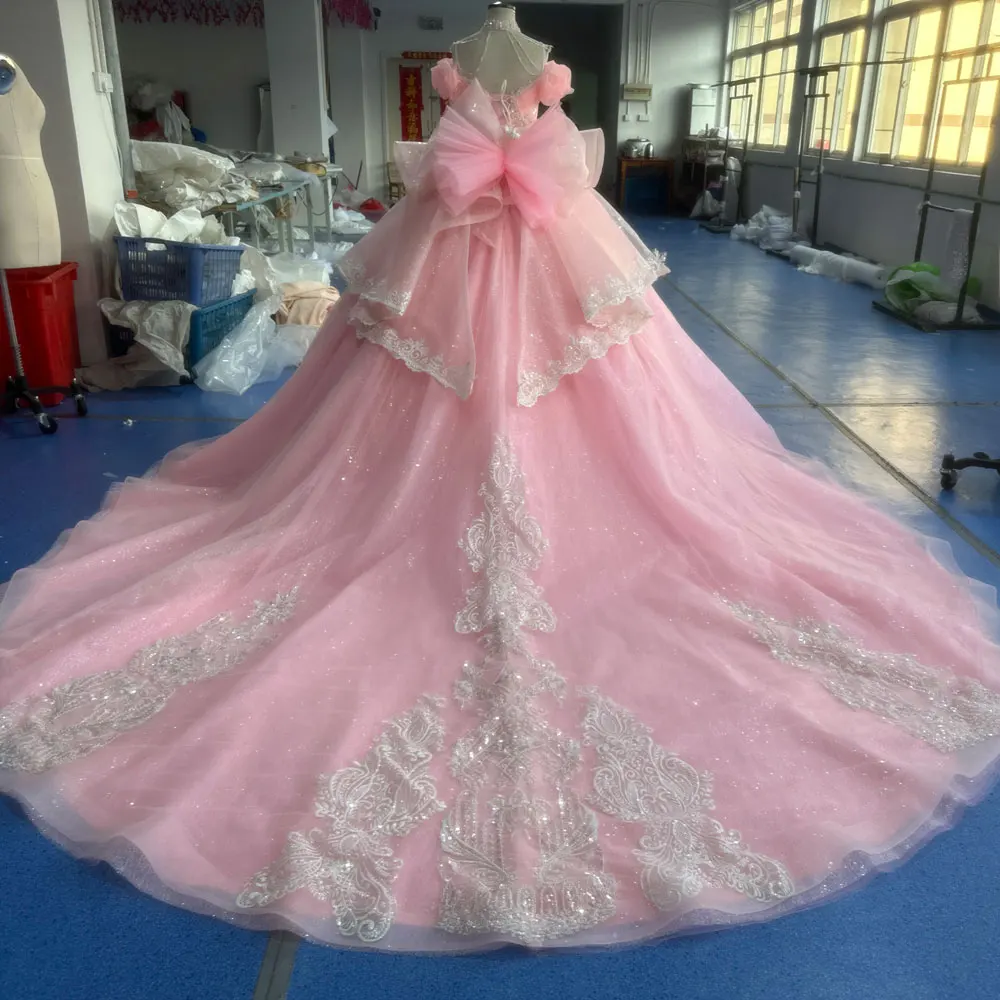 Gorgeous Pink Wedding Dresses Long Train Formal Short Sleeves Beading Bridal Gowns Bow Back Custom Made vestidos novias boda