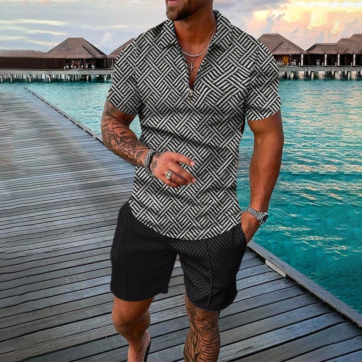 Männer Trainingsanzug Sommer Neue 3D Gedruckt Strand Zipper Polo Shirts Shorts 2 stücke Sets Boho Geometrische Stil Urlaub Kleidung Hohe qualität