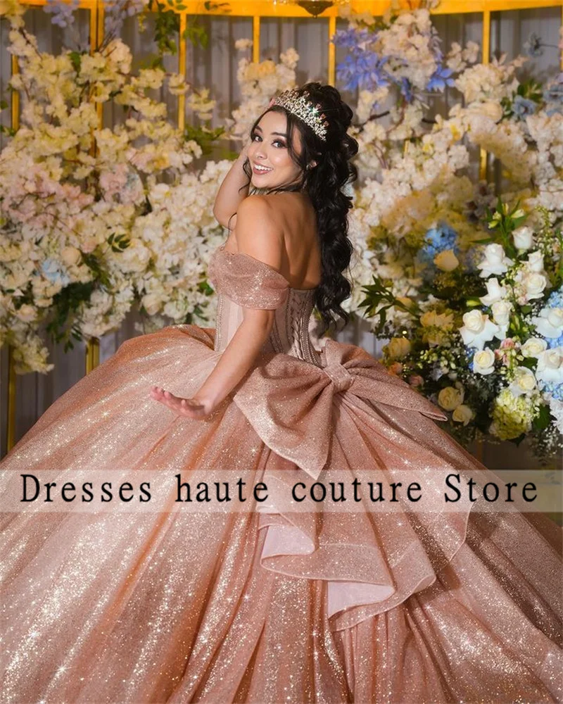 Vestido De baile De princesa para quinceañera, traje con cuentas y lazo, color oro rosa, para fiesta De cumpleaños De 15 y 16 años, 2024