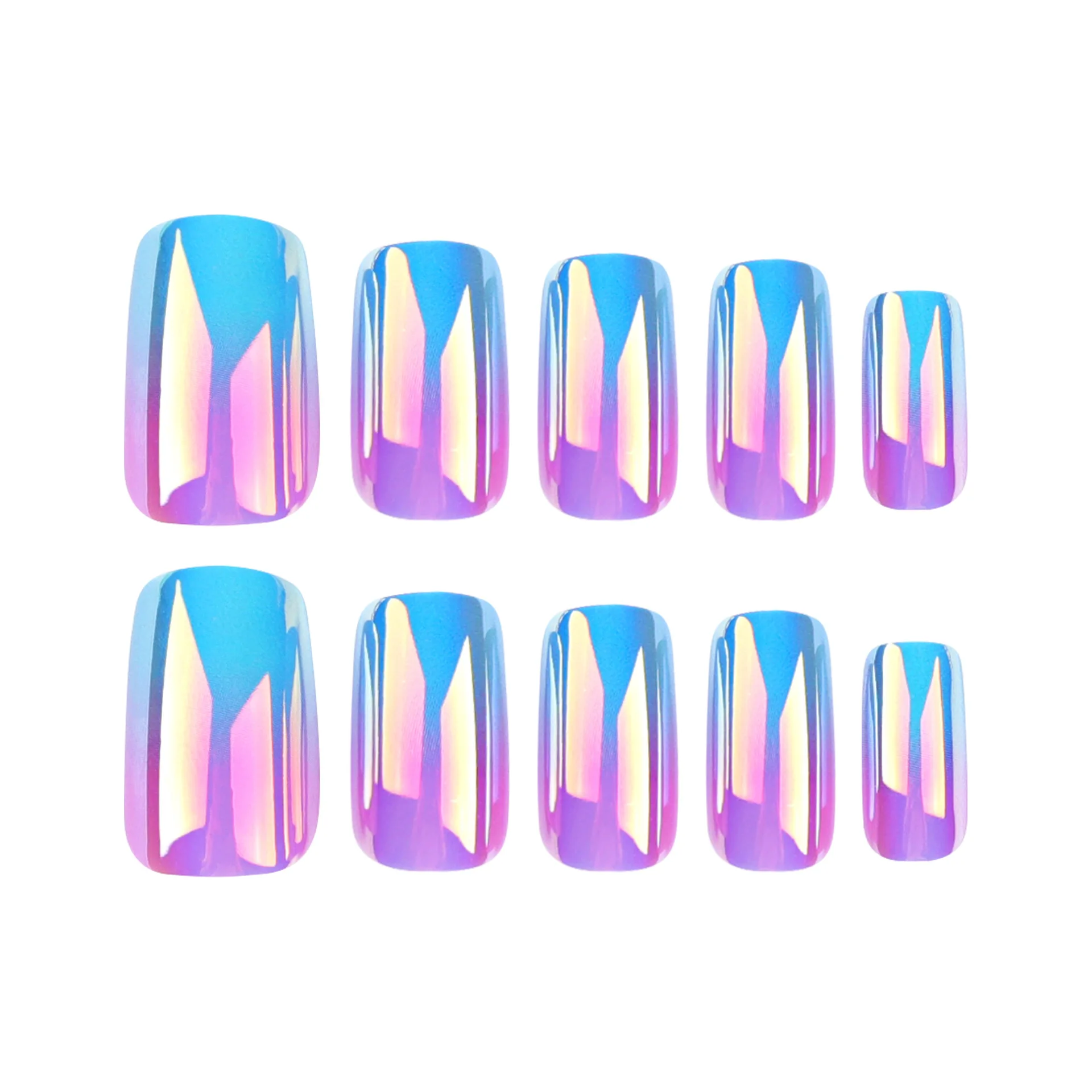 Square Medium Fake Nail Blue Purple Mirror Press on Nails Gradient Tips for Nail Art Decoration Women and Girls Manicure 24pcs