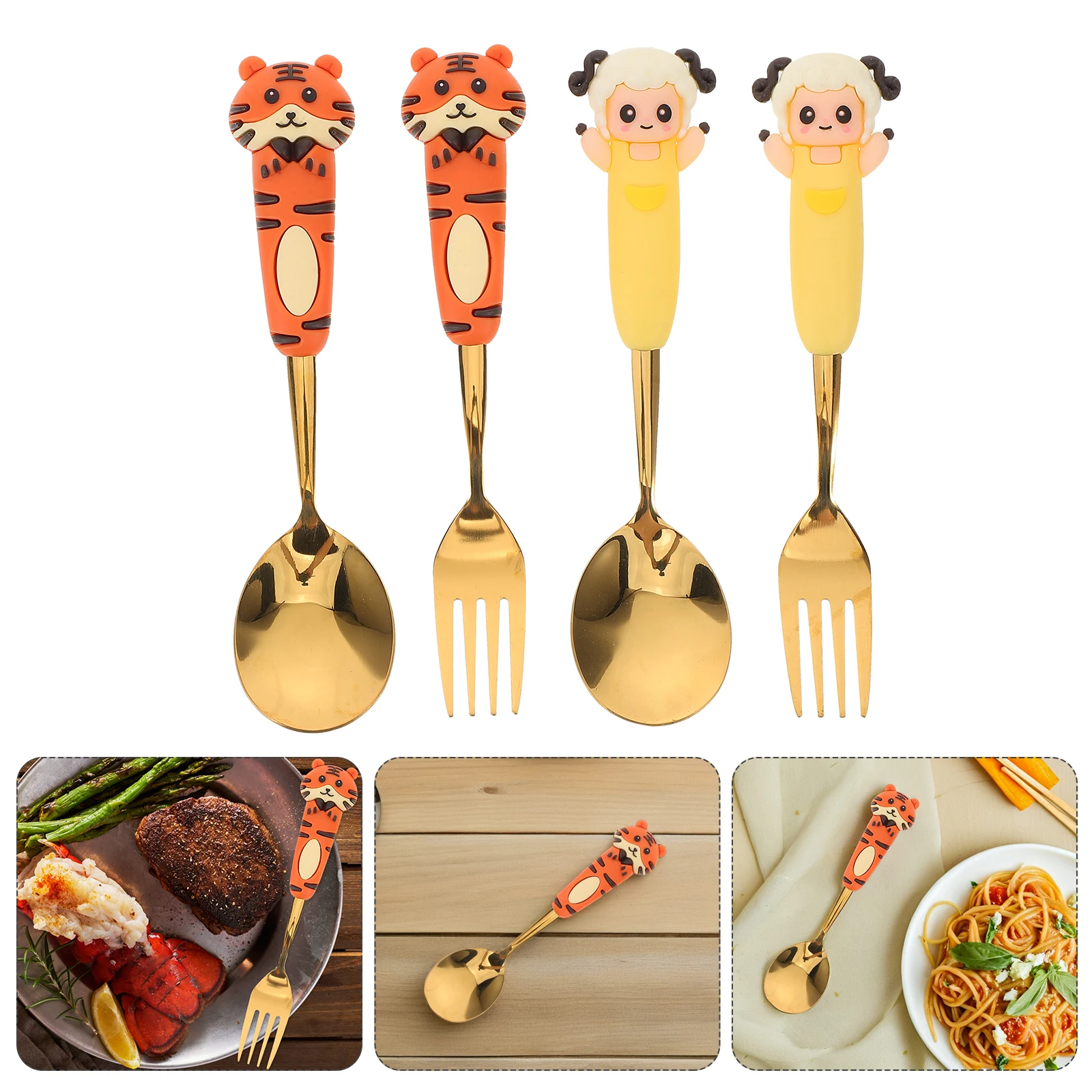 4 قطعة مجموعة أدوات المائدة الفولاذ المقاوم للصدأ الأطفال الكرتون ملعقة شوكة أدوات المائدة الحيوان كعكة ملعقة الحلوى/ الحلويات لتناول الطعام اثارة