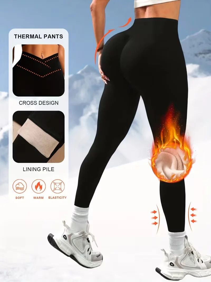 Winter Plush High Waisted Leggings Belly Cycling Yoga Pants Grinding Material Comfortable Elastic Solid Color Casual Sexy Capris